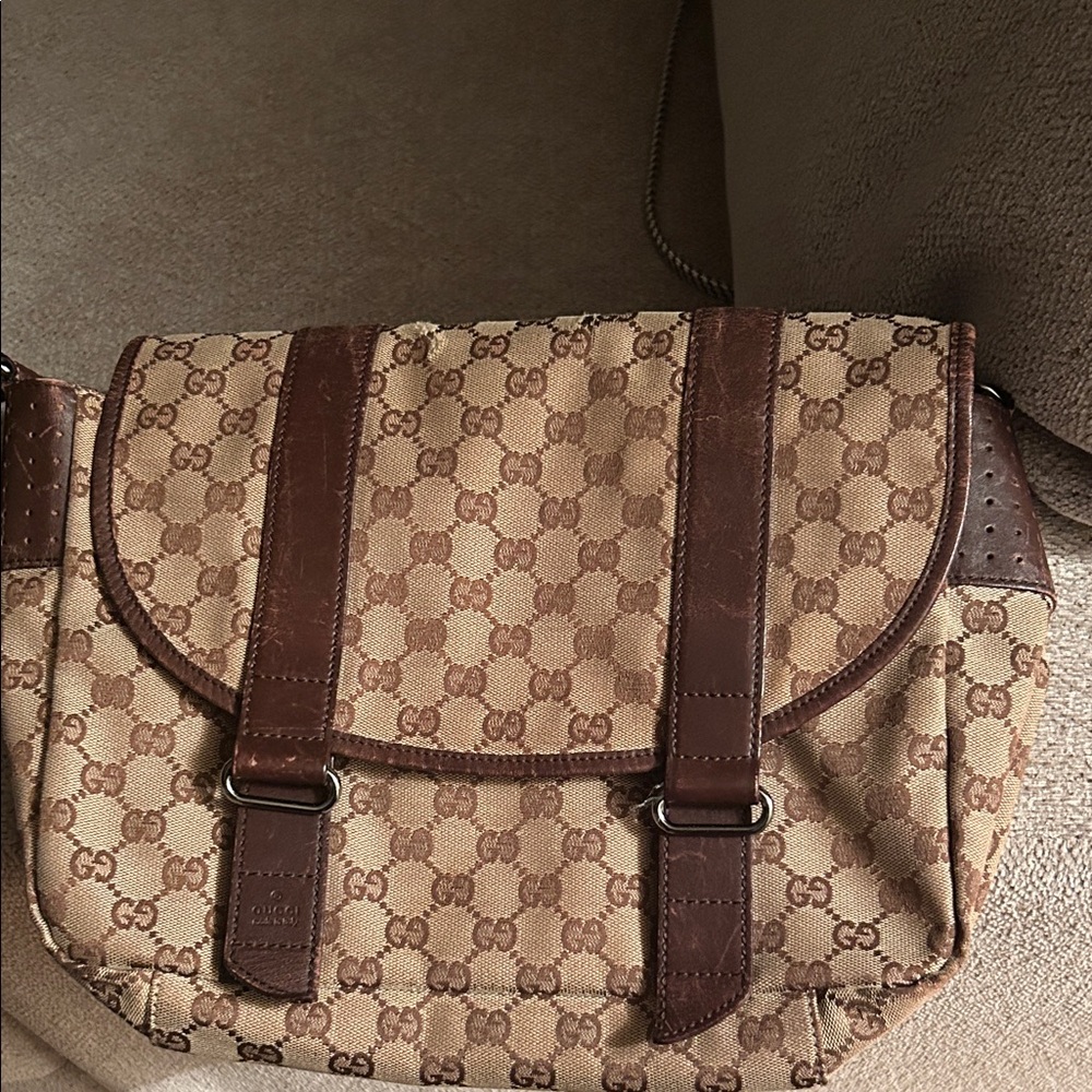 Authentic Gucci Beige and Brown Monogram Messenger Bag